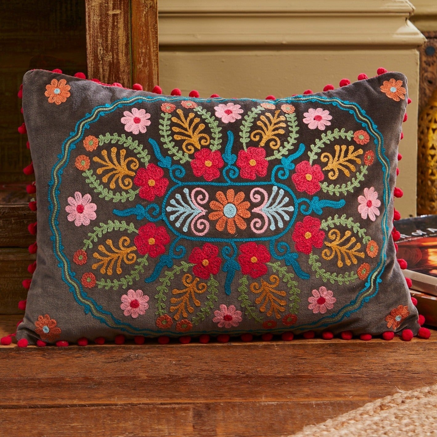 Embroidered Velvet Cushion with Pom Pom Edge - CC240 - Uneeka