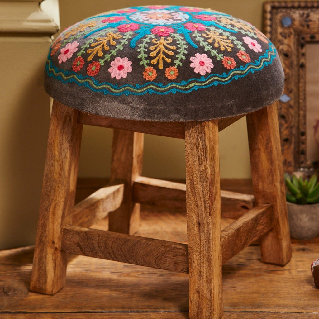 Embroidered Velvet Topped Stool with Wooden Legs - STOOL240 - Uneeka