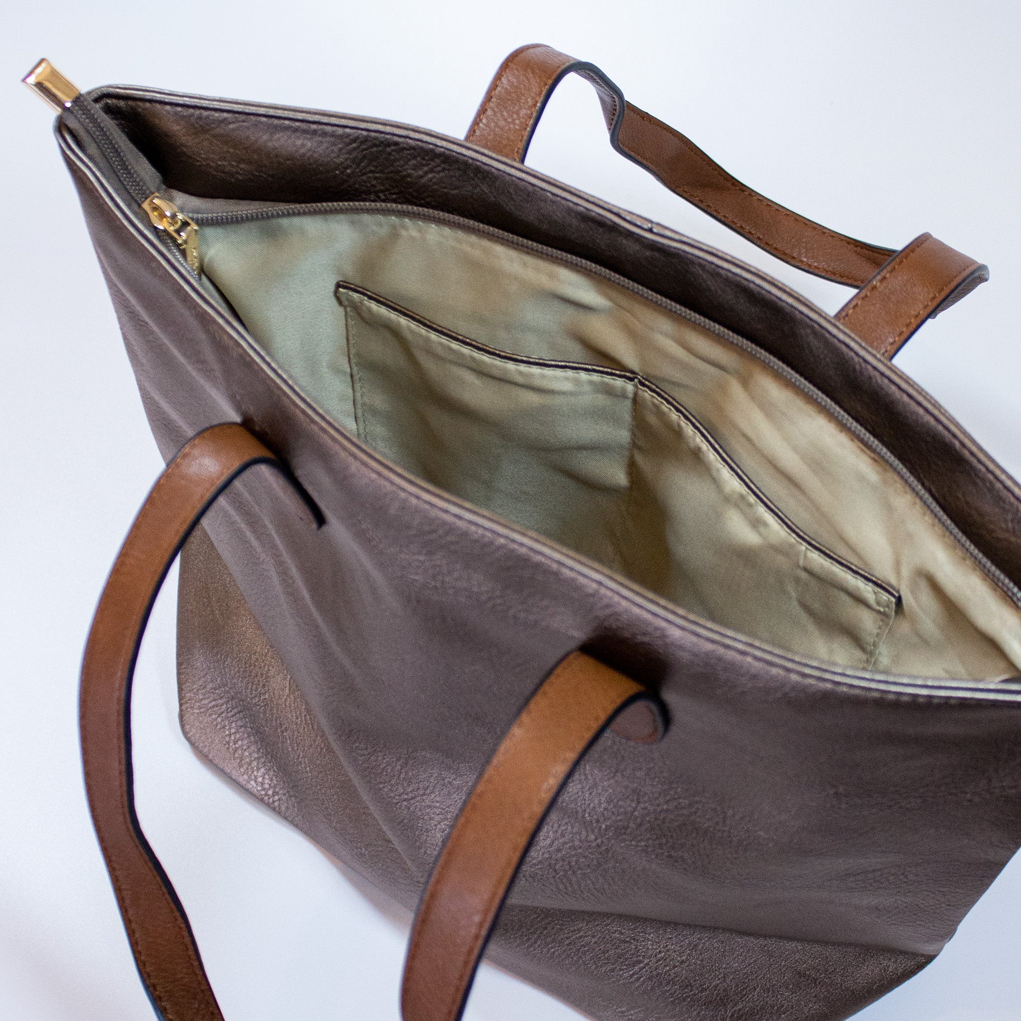 Faux Leather Hand Bag with Contrasting Handle and Zip - 288 - 1 - BEIGE - Uneeka