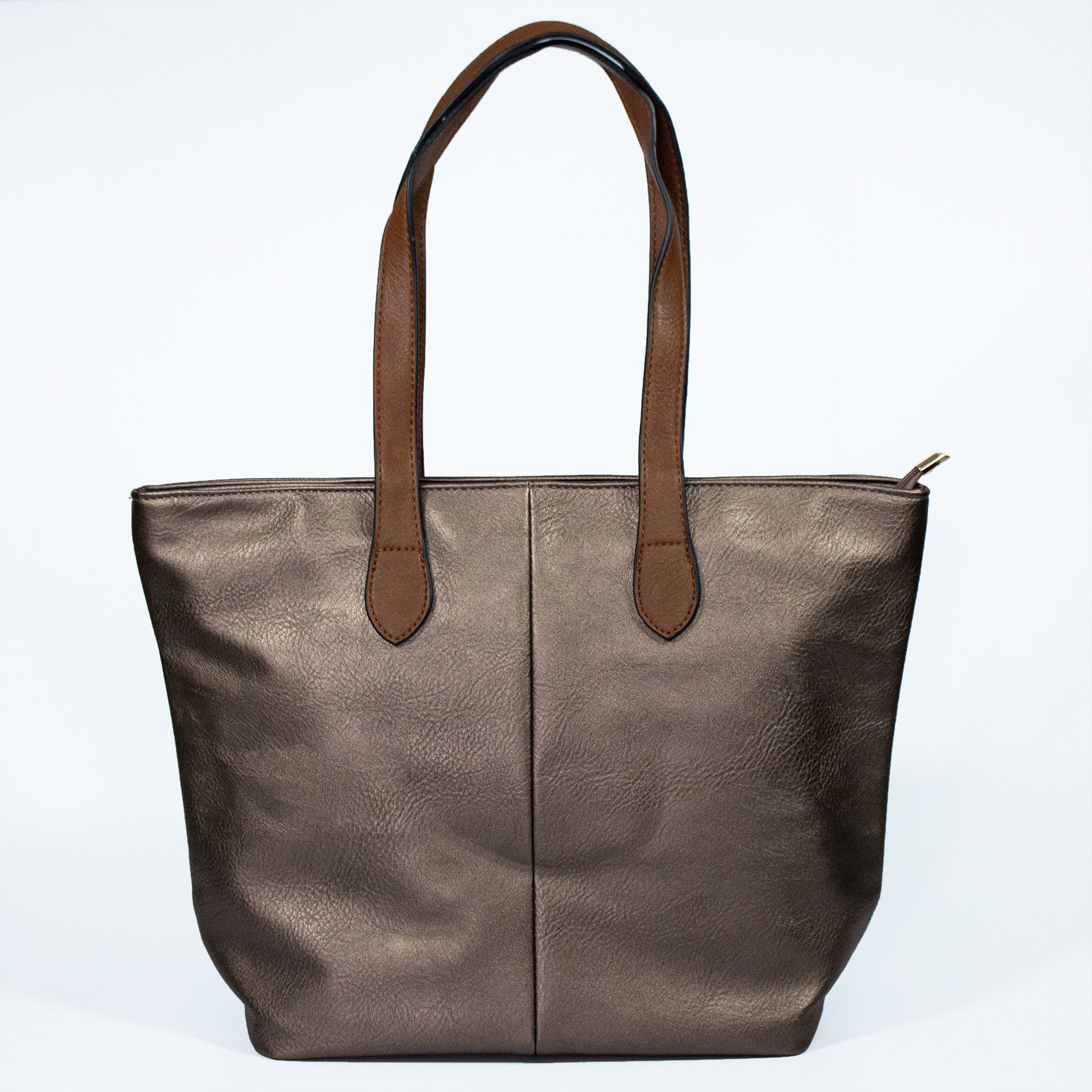 Faux Leather Hand Bag with Contrasting Handle and Zip - 288 - 1 METALLIC GREY - Uneeka