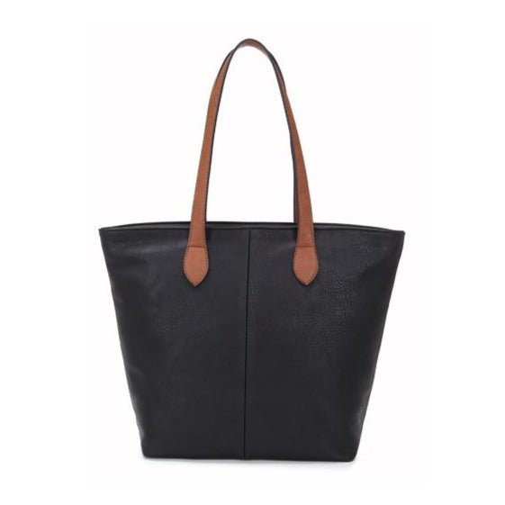 Faux Leather Hand Bag with Contrasting Handle and Zip - 288 - 1 - BLACK - Uneeka