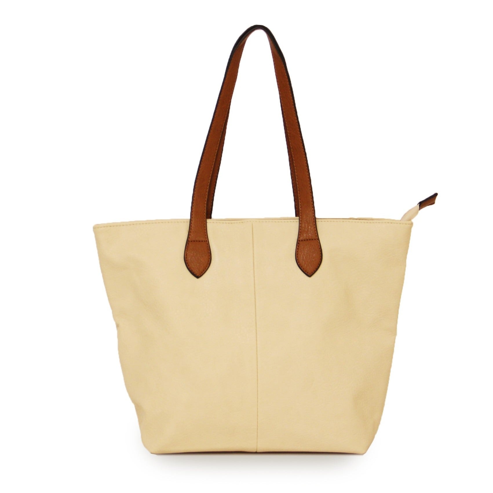 Faux Leather Hand Bag with Contrasting Handle and Zip - BEIGE - Uneeka