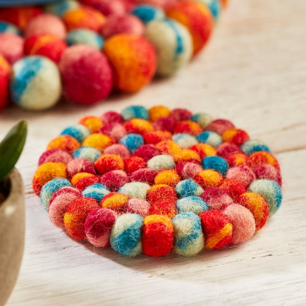 Felt Ball Space Dye Multi Colour Coaster - CO44 - RED - Uneeka