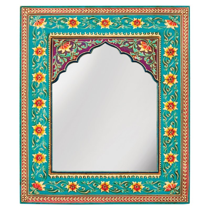 Floral Hand Painted Turquoise Wall Mirror - MR647 - Uneeka