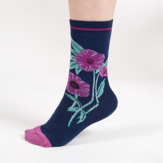 Floral Stem Bamboo Socks - TA333 - Blue - Uneeka