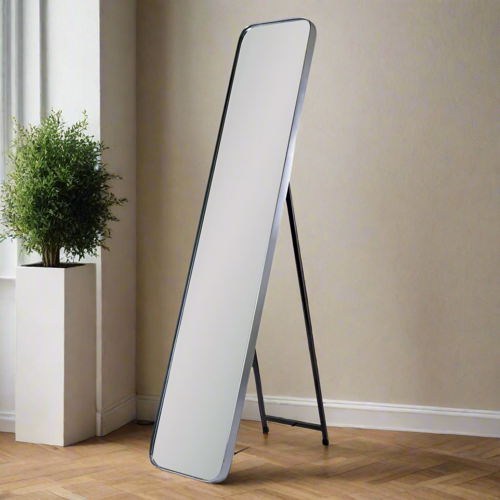 Free Standing Curved Edge Cheval Standing Mirror in Silver in Neutral living space Uneeka 