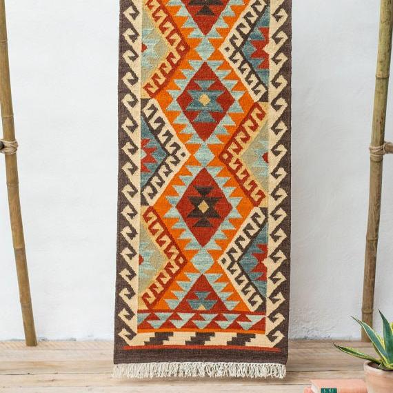 Geometric Handloom Kilim Warm Tones Runner Rug - R31728 - Uneeka