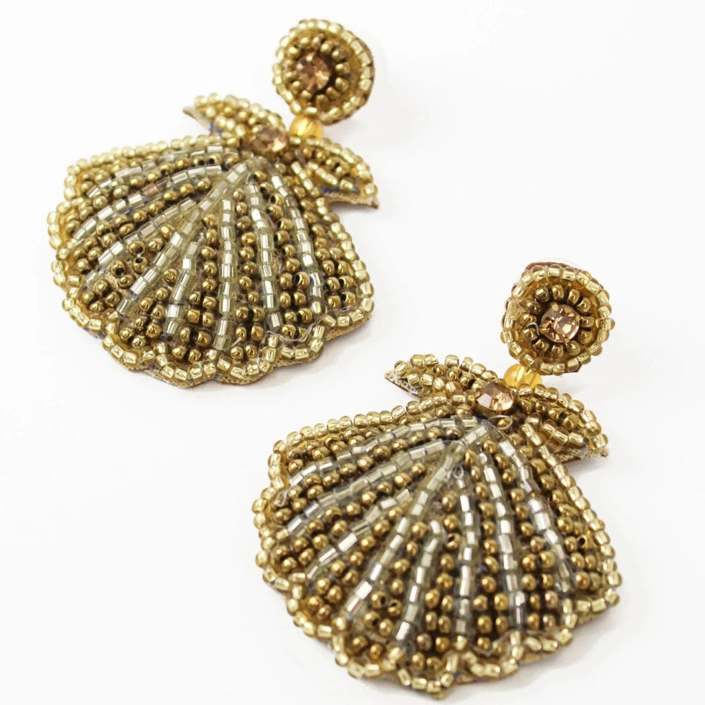 Gold Beaded Shell Drop Earrings - GOLD SHELL DROPS - Uneeka