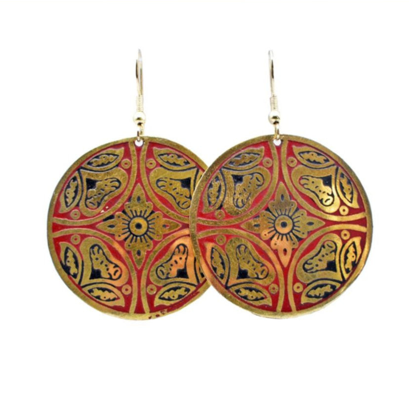 Gold & Red Patterned Round Brass Earrings - TARE2406 - Uneeka