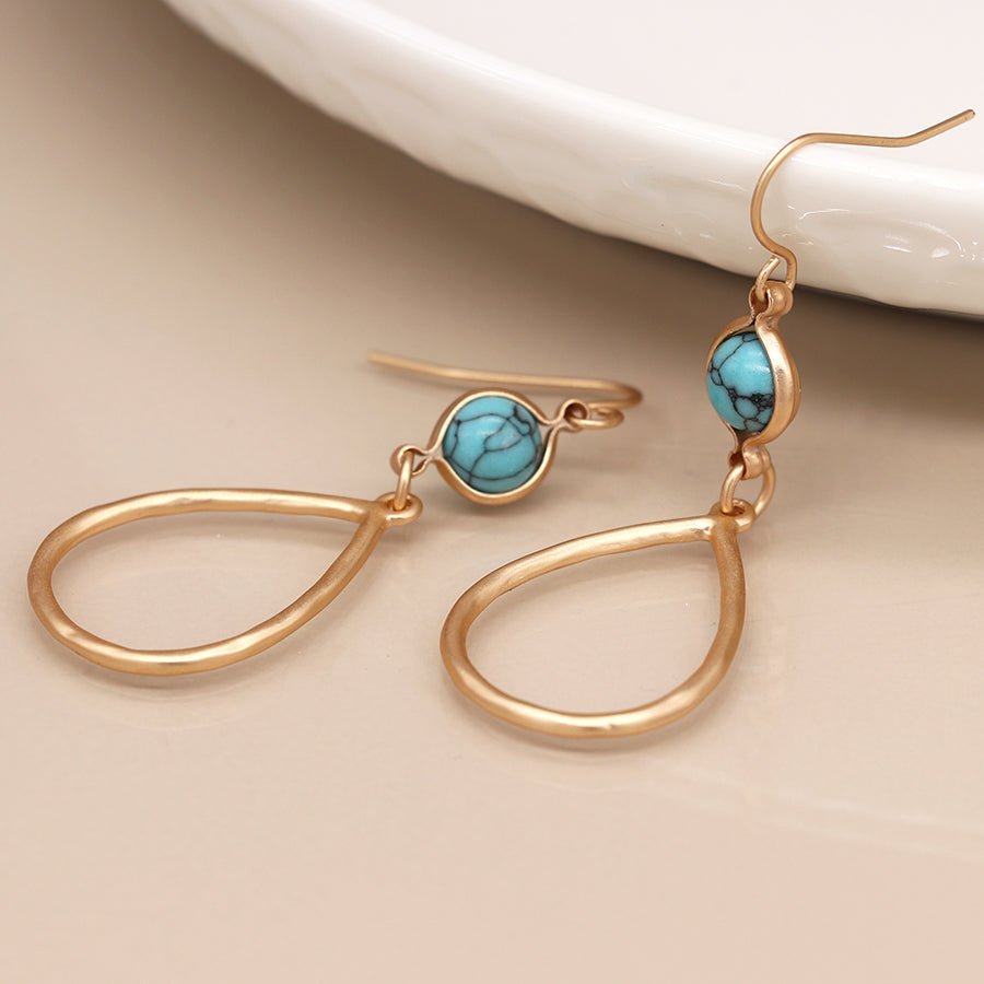 Gold Teardrop Earrings With Turquoise Stone - 03647 - Uneeka