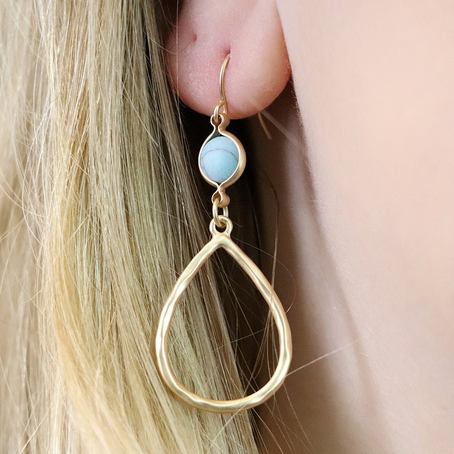 Gold Teardrop Earrings With Turquoise Stone - 03647 - Uneeka