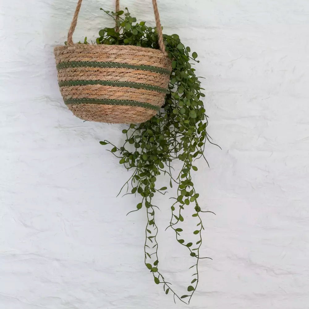 Green Stripe Natural Seagrass Hanging Basket - LIN24840 - Uneeka