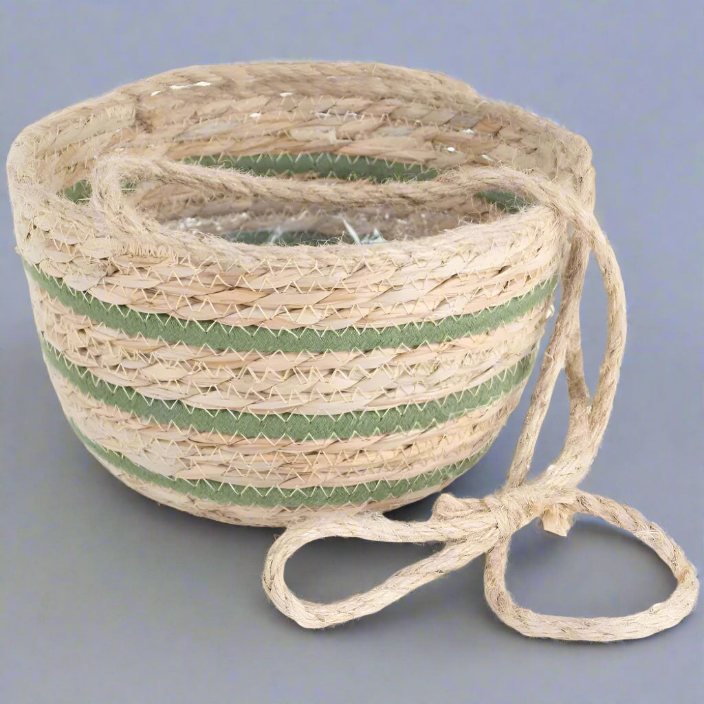 Green Stripe Natural Seagrass Hanging Basket - LIN24840 - Uneeka