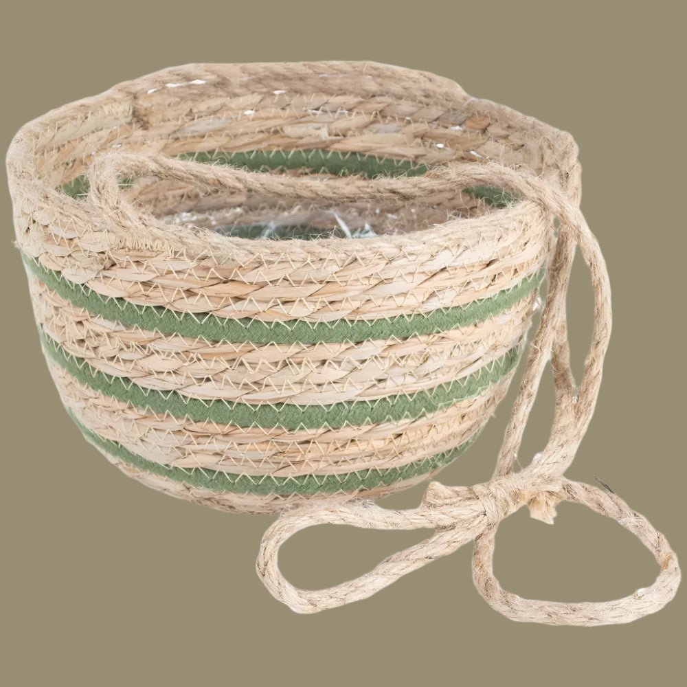 Green Stripe Natural Seagrass Hanging Basket - LIN24840 - Uneeka