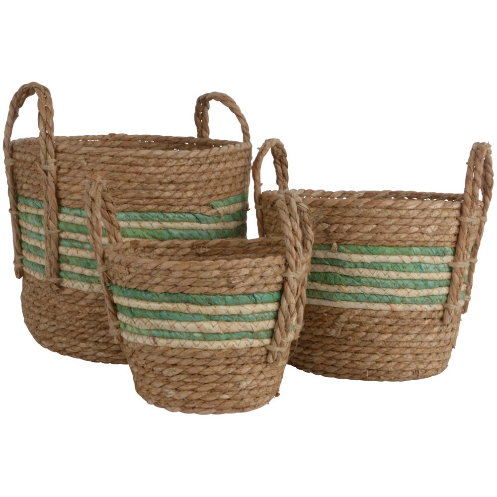 Green Striped Straw & Corn Basket With Handles - LIN23546 - Uneeka