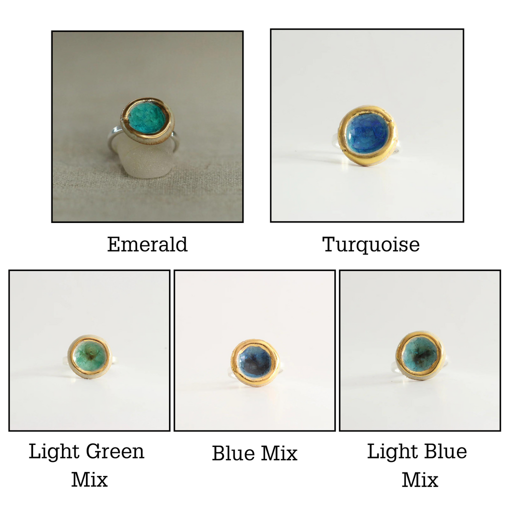 Round Glazed Glass Pendant Sterling Silver Adjustable Ring - choose from emerald, turquoise, light green mix, blue mix or light blue mix