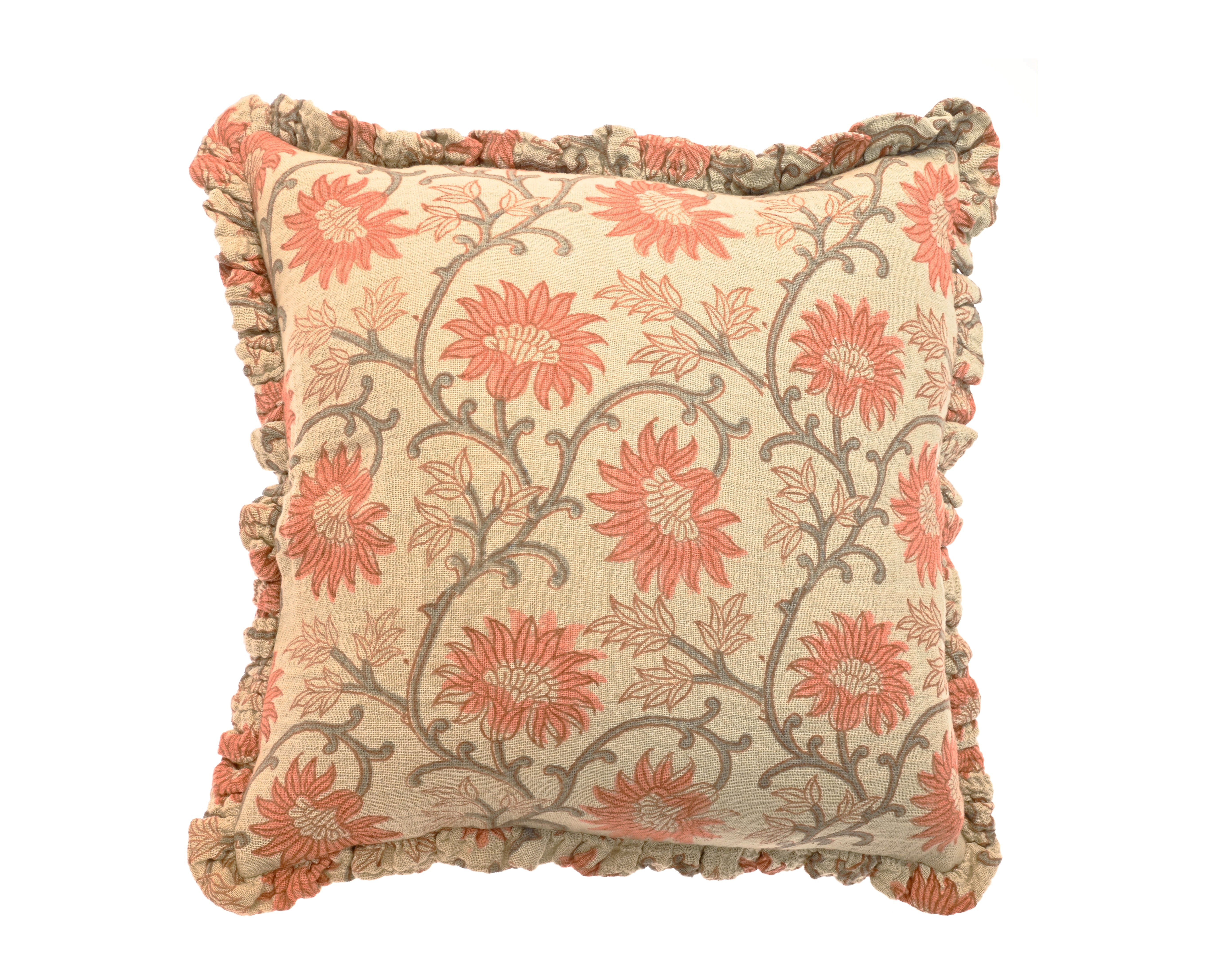 Hand Block Floral Print Cushion With Ruffle - JHHCT - Uneeka
