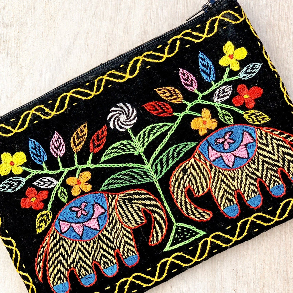 Hand Embroidered Elephant Black Coin Pouch - P3 - Uneeka