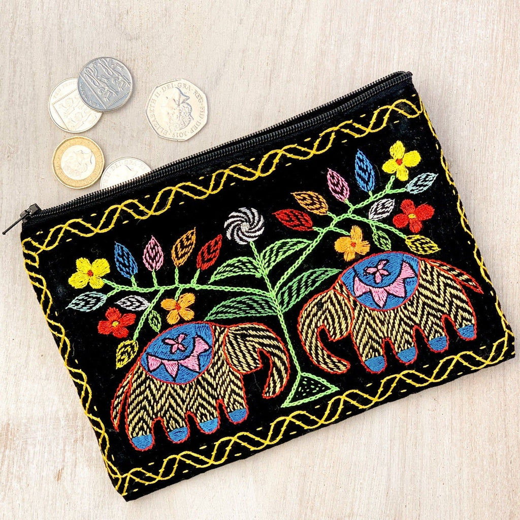 Hand Embroidered Elephant Black Coin Pouch - P3 - Uneeka