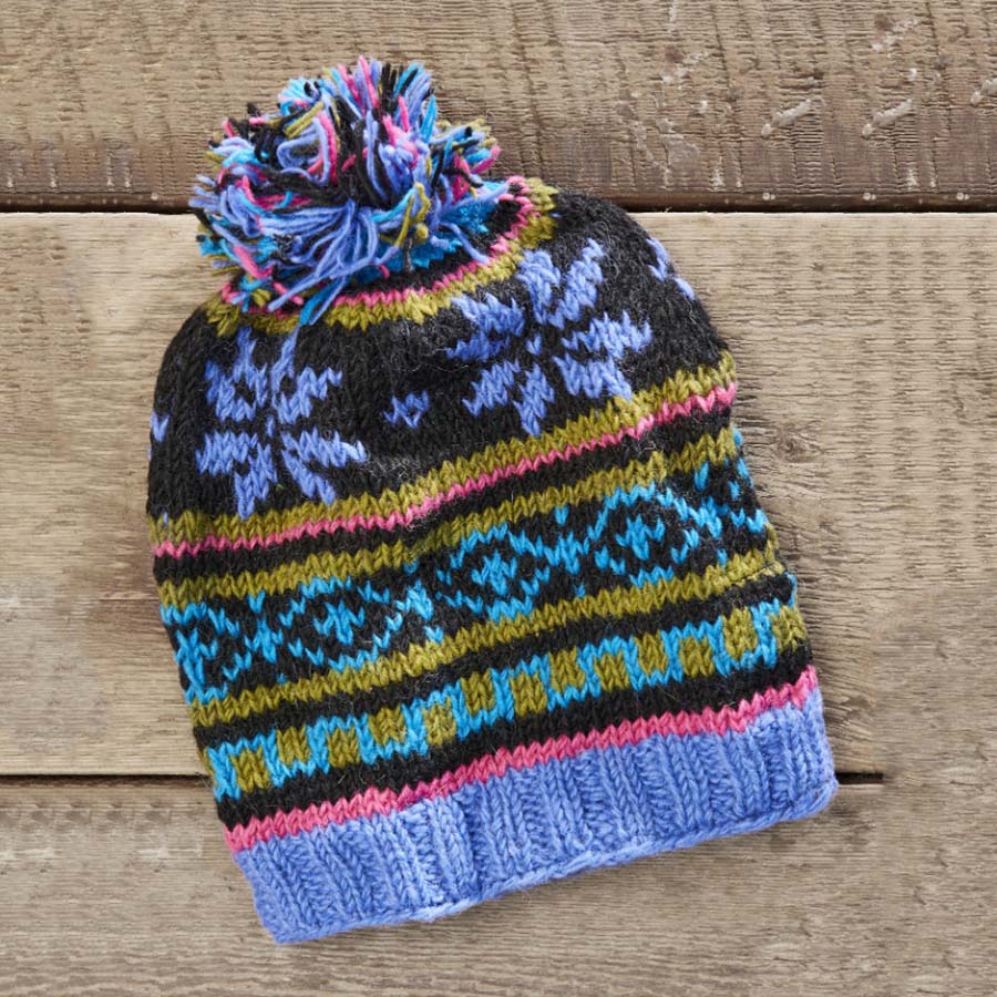 Hand Knit Snowflake Baggie Beanie - H375 - BLUE - Uneeka