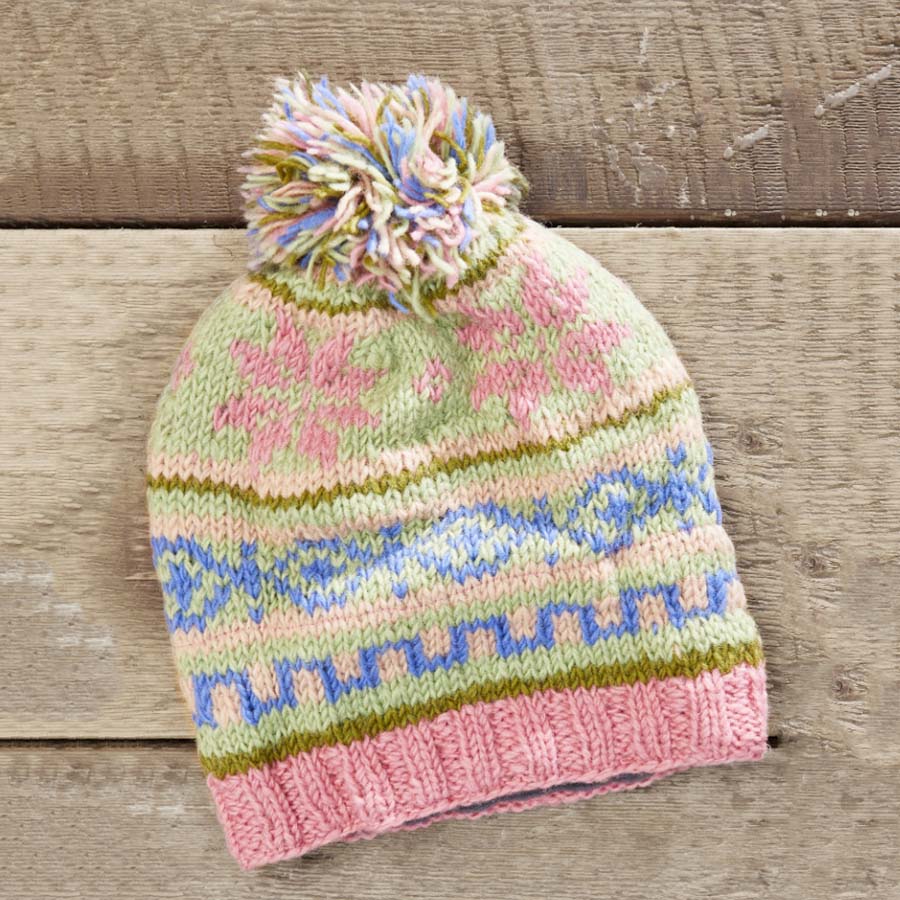 Hand Knit Snowflake Baggie Beanie - H375 - PINK - Uneeka