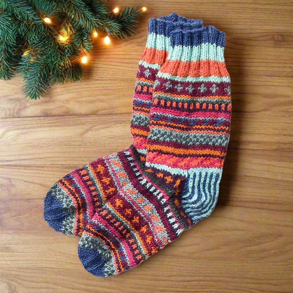 Hand Knitted Fair Isle Wool Socks - SOCK358 - B - Uneeka