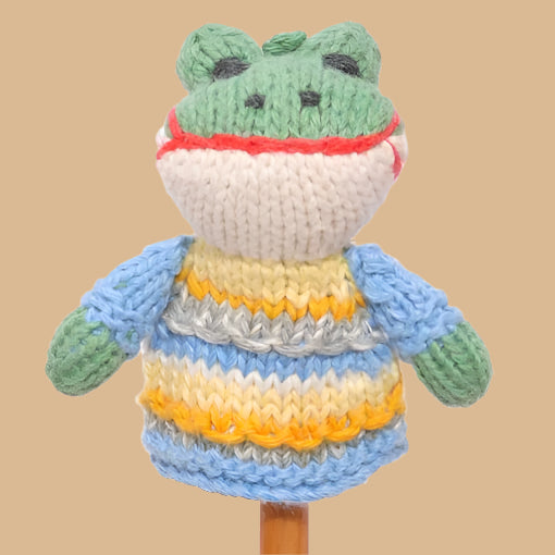 Hand Knitted Frog in Stripy Dress Finger Puppet - SYFS027 - Uneeka