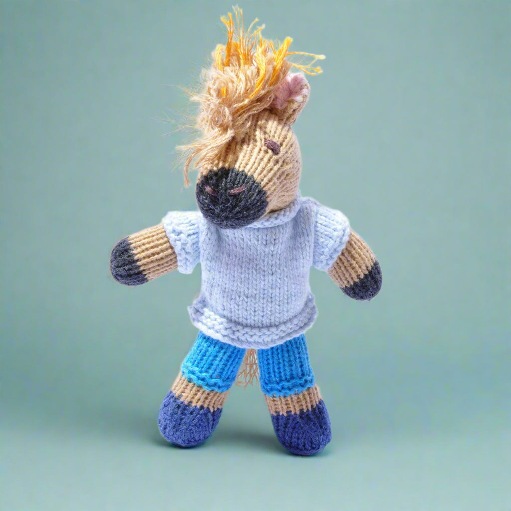 Hand Knitted Horse In Blue Shirt & Shorts Soft Toy - SYT089 - Uneeka
