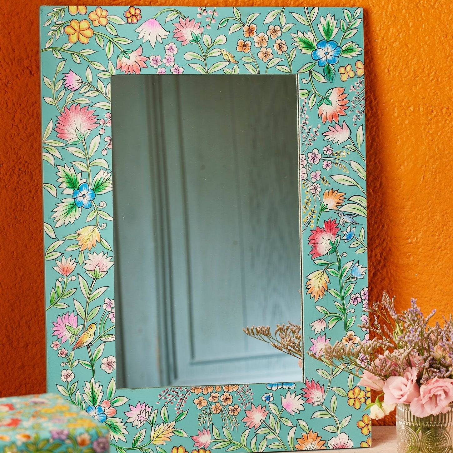 Hand Painted Delicate Floral Wooden Wall Mirror - MR2 - Uneeka