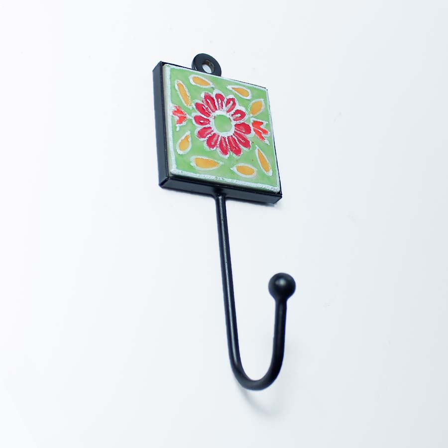 Hand Painted Floral Pattern Tile Ceramic Hook - HK71 - GREEN - Uneeka