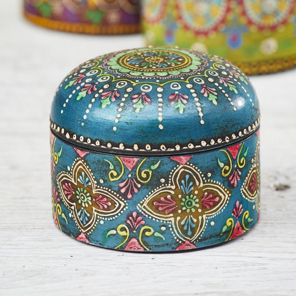 Hand Painted Floral Wooden Trinket Box - BX70 - TEAL - Uneeka