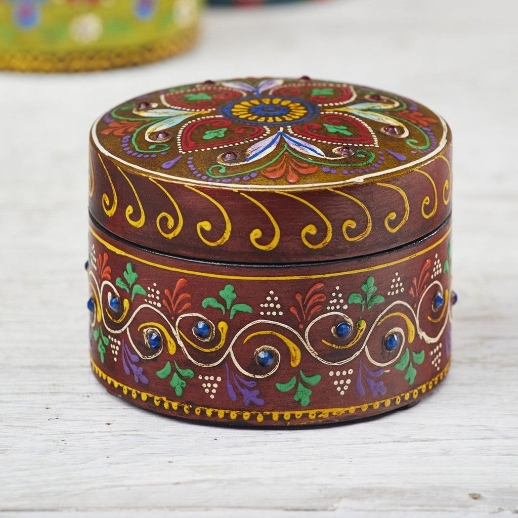 Hand Painted Floral Wooden Trinket Box - BX70 - MAROON - Uneeka