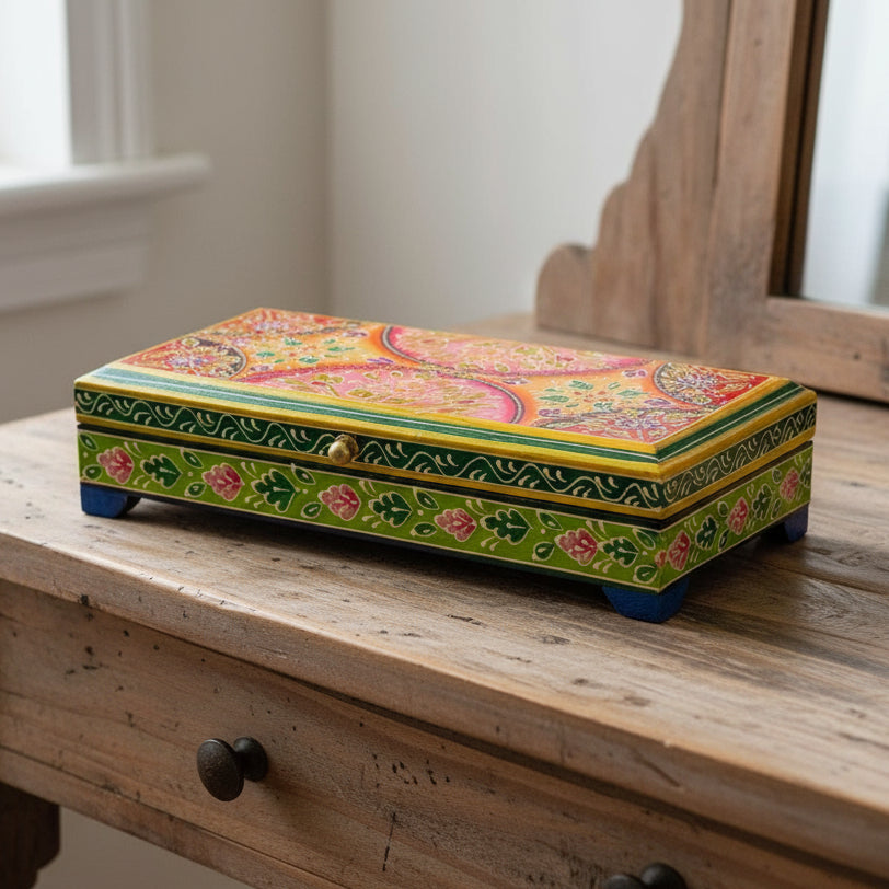 Hand Painted Green Floral Wooden Box - BX251 - Uneeka