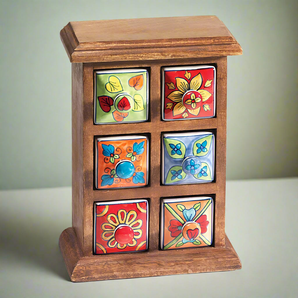 Hand Painted Mango Wood & Ceramic Multi 6 Drawer Chest - STC9 - Uneeka