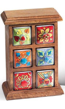 Hand Painted Mango Wood & Ceramic Multi 6 Drawer Chest - STC9 - Uneeka