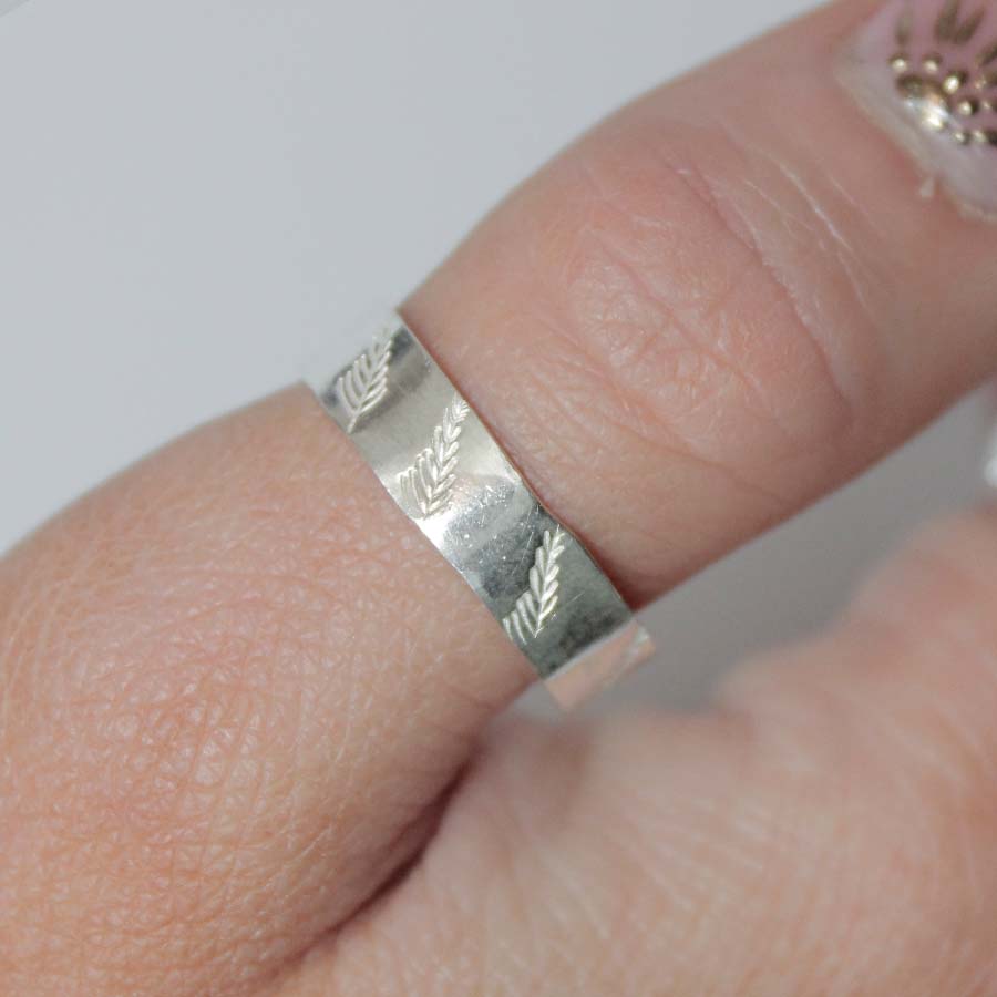 Hand Stamped Wide Band Ring - Hand Stamped Wide Bands - FERN - M - SMALL - Uneeka
