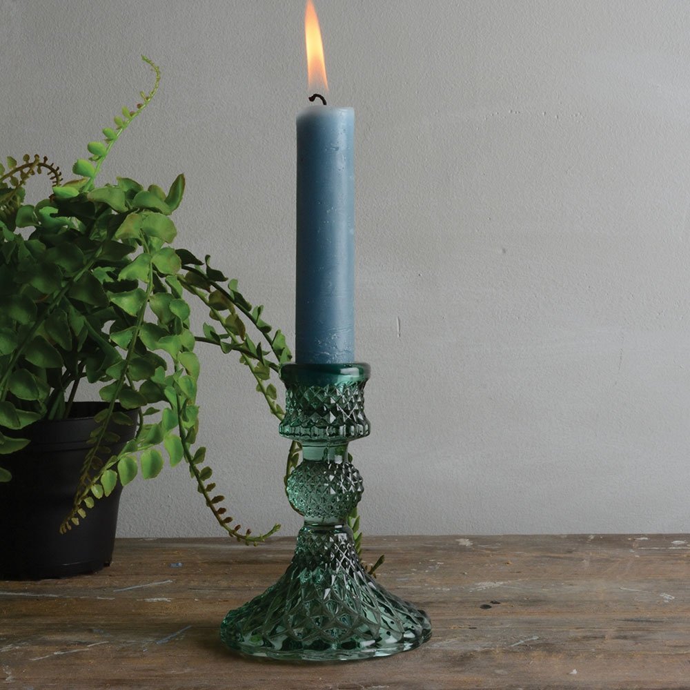 Harlequin Green Glass Candlestick - B836 - Uneeka