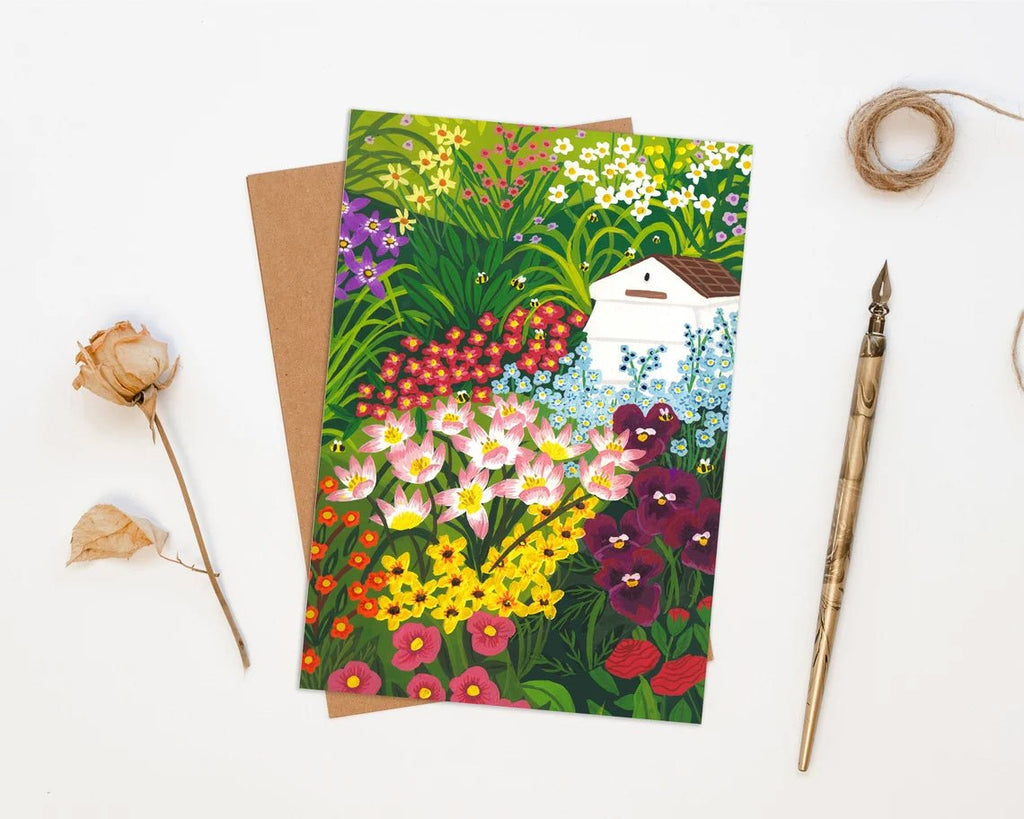 Illustrated Bee Garden Greetings Card - Bumble Bee Flower Garden Greeting Card - Uneeka