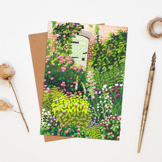 Illustrated Rose Cottage Garden Greeting Card - Rose Cottage - Uneeka