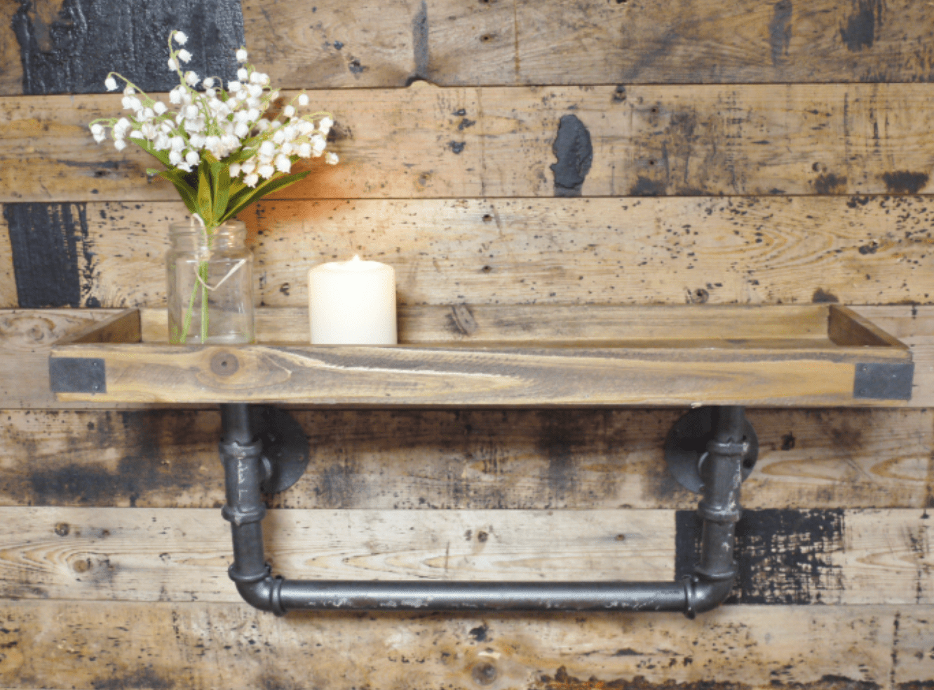 Industrial Wooden & Metal Pipe Shelf - 4555 - Uneeka