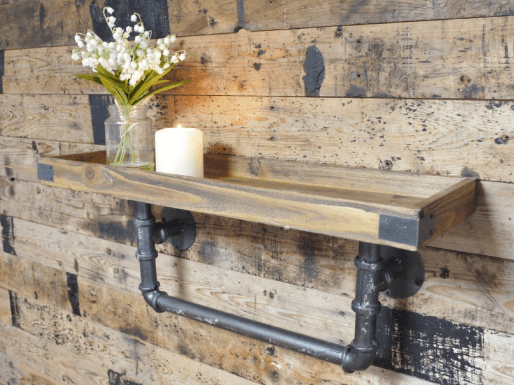 Industrial Wooden & Metal Pipe Shelf - 4555 - Uneeka