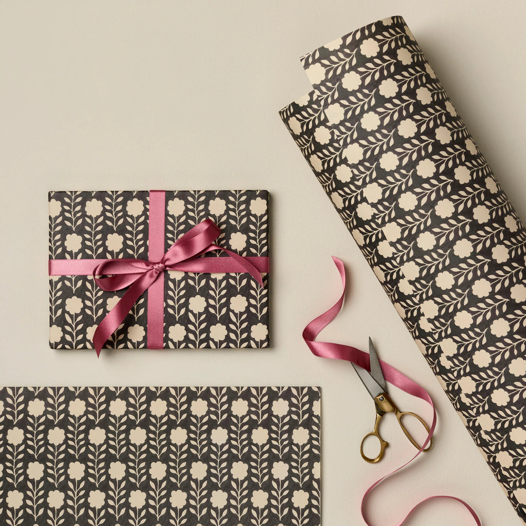 Ink Black Floral Patterned Paper Gift Wrap - WAN 14 - Uneeka