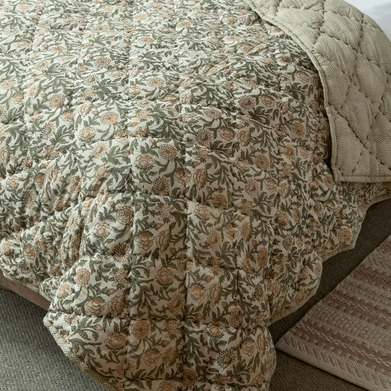 Jaipur Hand Block Printed Kantha Bedcover - JHPQR - Uneeka