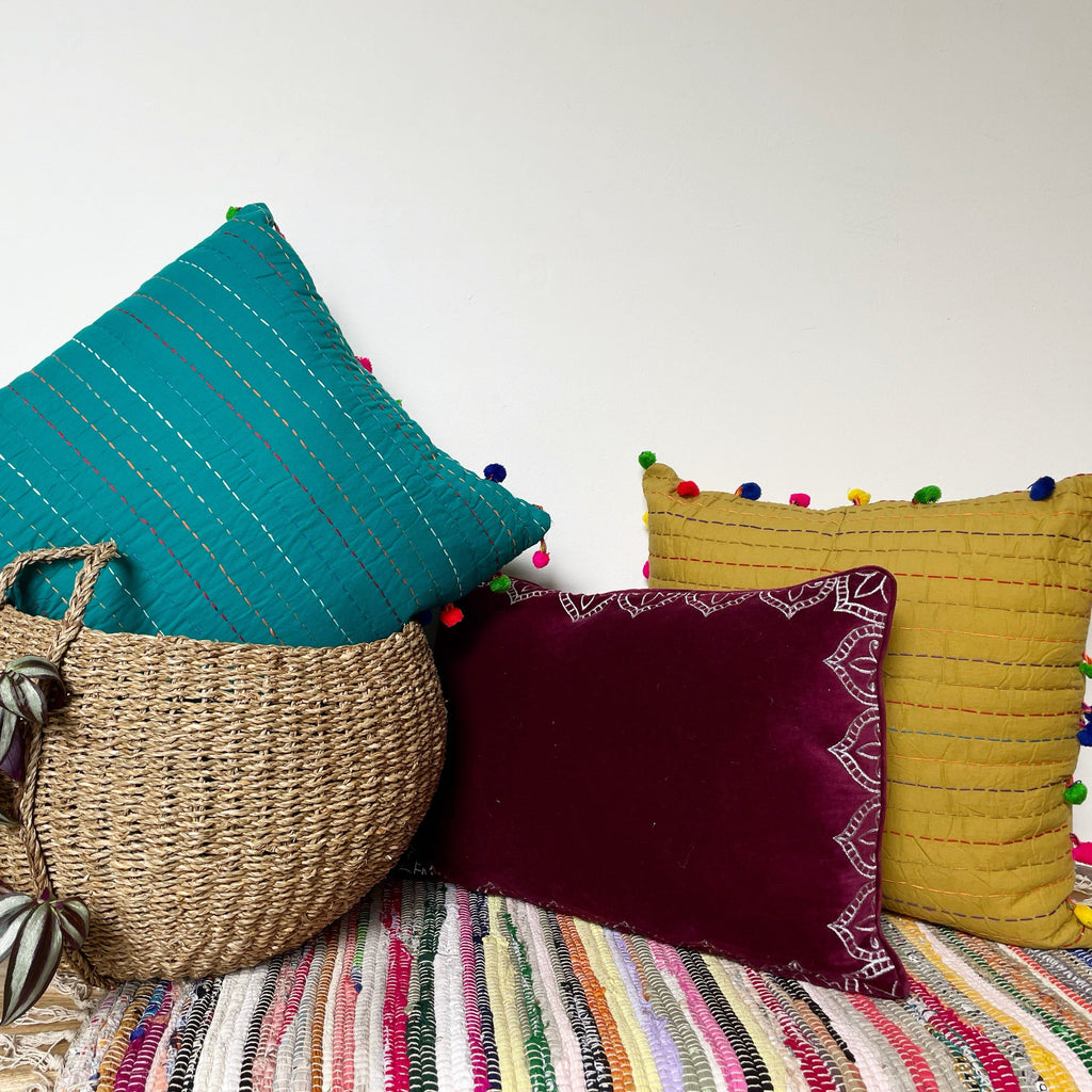 Kantha Pom - Pom Edge Cushion - cc407W - Uneeka