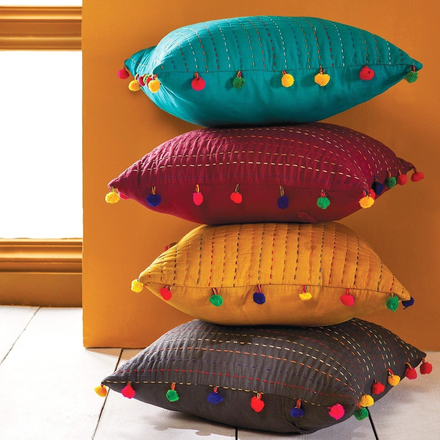 Kantha Pom - Pom Edge Cushion - cc407W - Uneeka