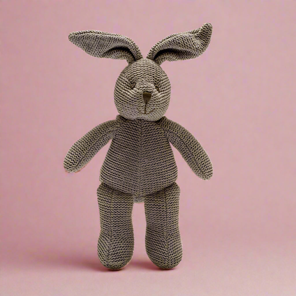 Knitted Organic Cotton Grey Bunny Rattle Toy - BY4218 - Uneeka