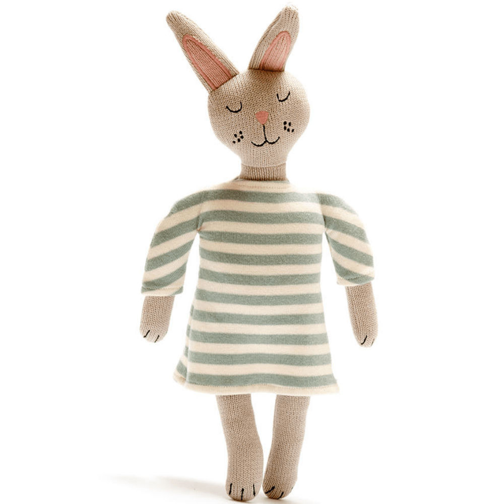 Knitted Organic Cotton Teal Bunny Doll in Stripe Dress* - BY5810 - Uneeka