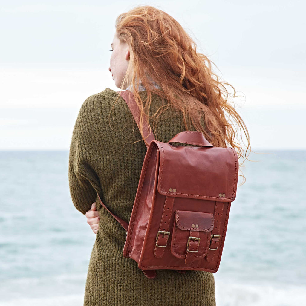 Large Brown Leather Satchel Style Rucksack - LBP - L - BR - Uneeka