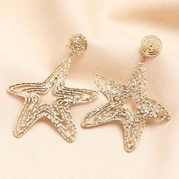 Large Gold Hammered Starfish Outline Drop Earrings - 77834 - Uneeka