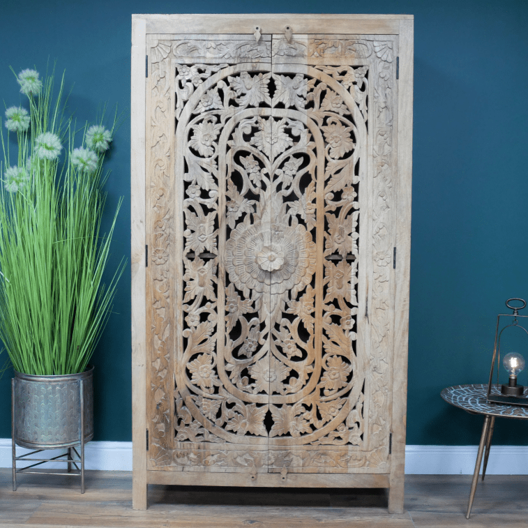 Large Mango Wood Carved Detail Cabinet - 8168 - Uneeka